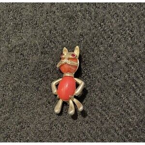 Vintage Weiss Cat Brooch Jelly Belly Faux Coral Cabochon Red Crystal Eyes HTF